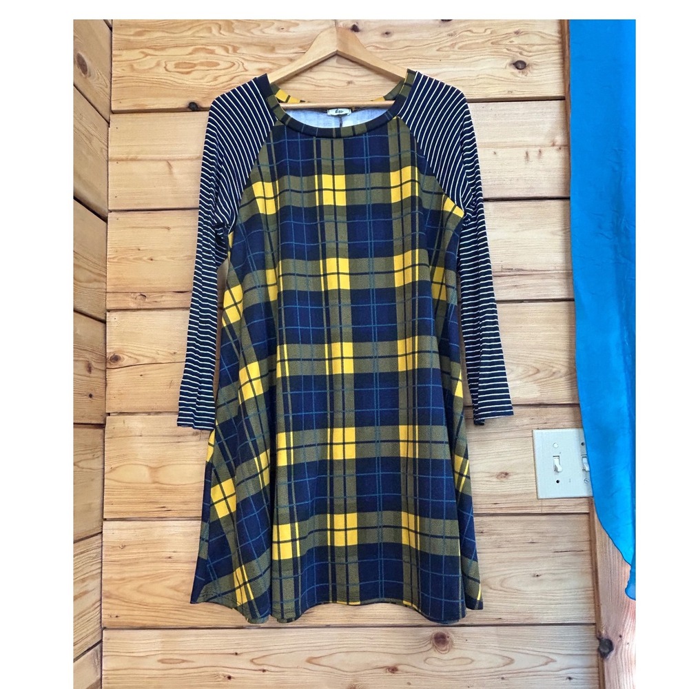 Egy Plaid and Striped Mixed Print Long Sleeve Tunic‎ Dress Yellow Navy XL